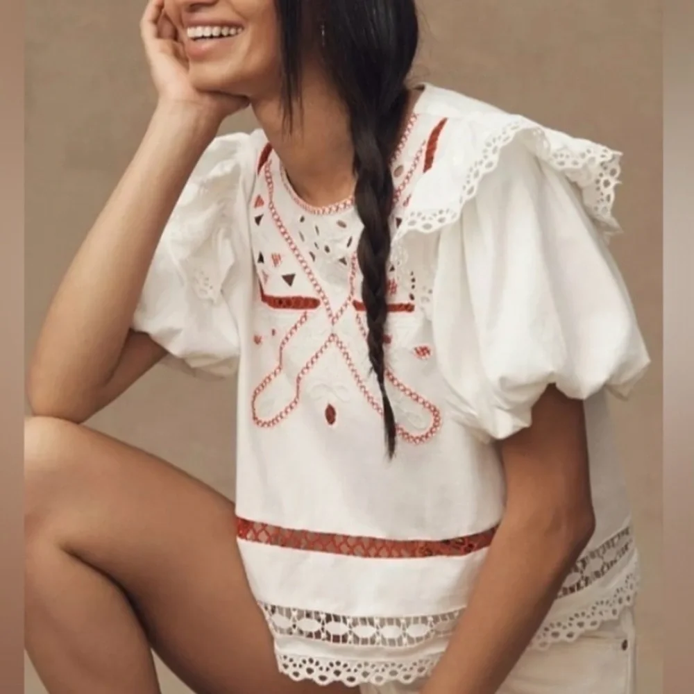 NWT By Anthropologie Puff Sleeve Cutwork Top with red embroidery Sz XL